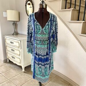 Lucky Brand Blue Green Tassel Mini Dress Tunic Womens Size Large Coastal Cowgirl